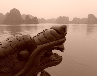 Draak bij zonsopgang in Halong Bay Vietnam