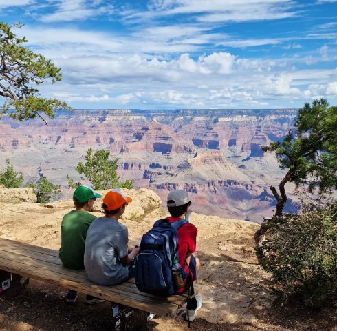 Kinderen bij uitzicht op Grand Canyon West-USA