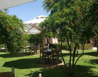 Eten in tuin van boerderij Takerkoust Marokko