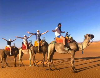 gezin rijdt op kamelen bij Erg Chebbi